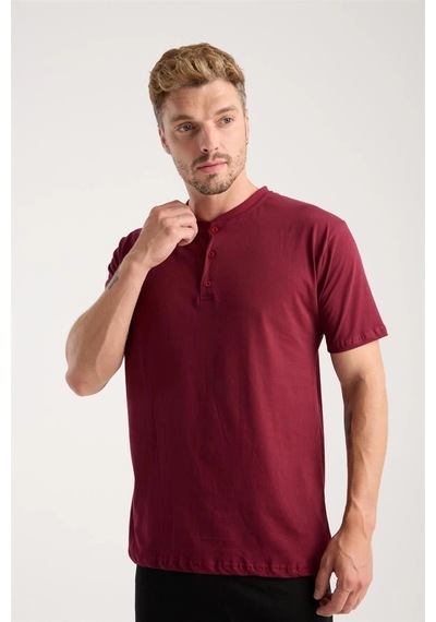 Erkek Bordo Düğmeli Yaka Kısa Kol Pijama Takımı Bordo