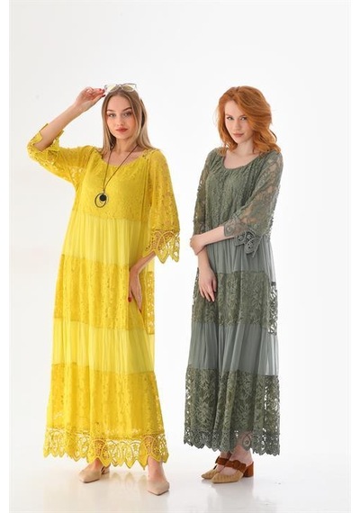 Eren Style İtalyan Sunshine İpek Detaylı Dantelli Elbise-9033 Haki