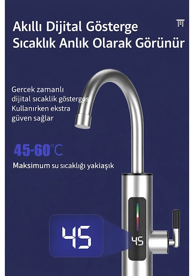 Dailytech 3000w Elektrikli Anında Su Isıtmalı Musluk Dijital Sıcaklık Göstergeli 360 Döner Çok Renkli