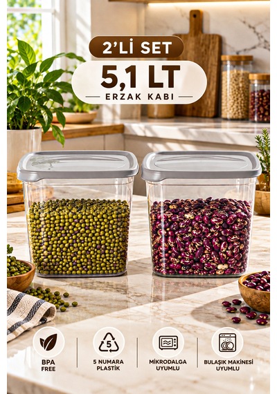 Porsima 0975 2'li Kare Erzak Saklama Kabı Seti 5,1 Lt Cool Gri - Şeffaf Bakliyat, Deterjan & Mutfak Düzenleyici Kutu