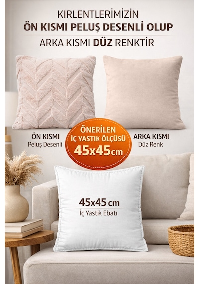 Peluş Dekoratif Kırlent Kılıfı İskandinav Zigzag-balıksırtı 4 Lü Set 42x42 Cm Vizon - Bej