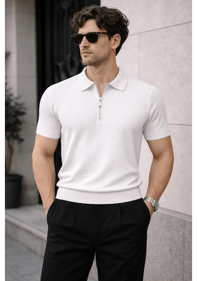 Erkek Fermuarlı Polo Yaka Triko Tişört Slim Fit Dokulu Yazlık Şık Casual Beyaz