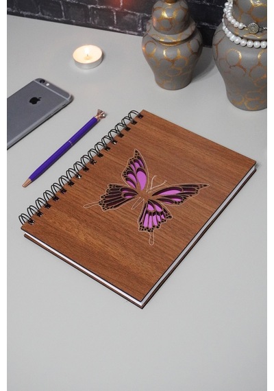Kelebek Desenli Ahşap Defte Resim Defteri - Günlük - Çizgisiz Defter Ahşap Rengi Ceviz A5 Notebook