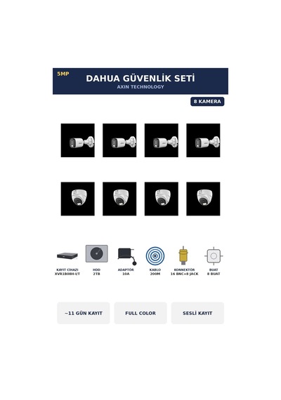 Dahua 8 Kameralı 5mp Güvenlik Kamera Seti 5mp Full Color Sesli Dome+bullet 2tb 11 Gün Kayıt Dahua 8 Kameralı 5mp Güvenlik Kamera Seti 5mp Full Color Sesli Dome+bullet 2tb 11 Gün Kayıt