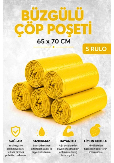 Büzgülü Çöp Poşeti Limon Kokulu 65 70 Cm Büyük Boy 5 Rulo Dayanıklı Sızdırmaz Kalın Çöp Torbası