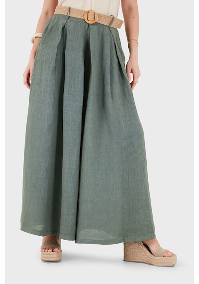 Via Dante Relaxed Fit Yüksek Bel Bol Paça Keten Pantolon Bayan Pantolon 7544 Haki