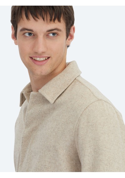 Kip Bej Oversize Fit Uzun Dokuma Yün Karışımlı Overshirt