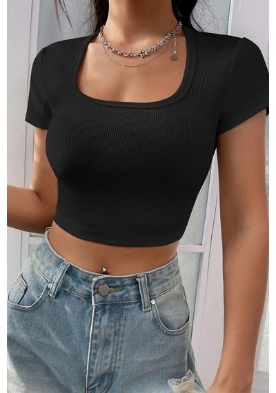 Angbutik Kadın Siyah Yarım Kol Düz Yaka Crop Top Bluz