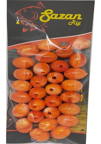 Sazan Dip Yemi Oval Boncuk Ebruli Kırmızı 14 Mm(Dar Delik)30 Adet