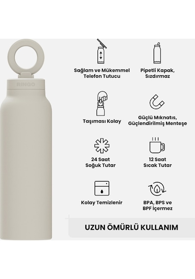 Ringo Pro Pipetli, Telefon Tutuculu Termal Çelik Termos 950 Ml Bej