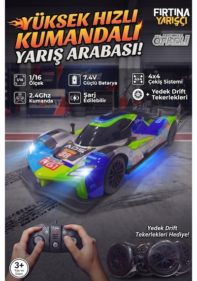 Fırtına Yarışçı Öfkeli 1/16 Ölçek Şarjlı Kumandalı Drift Yarış Arabası 4x4, 30km/s Hız, Led Işıklı Mavi Yeşil