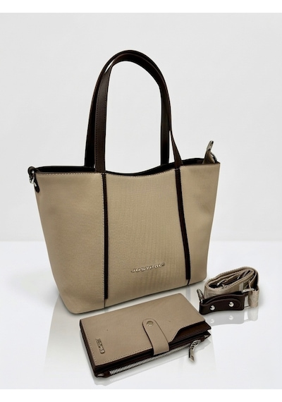 Just Polo Kadın Orijinal Büyük Boy Lüks El & Omuz Çantası Ve Cüzdanı Shopper 27 X 33 Cm Kum - Kahverengi