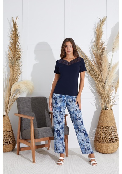 Sevim Kadın Dantelli Kısa Kol Lacivert Pijama Takım C1t5n551 001