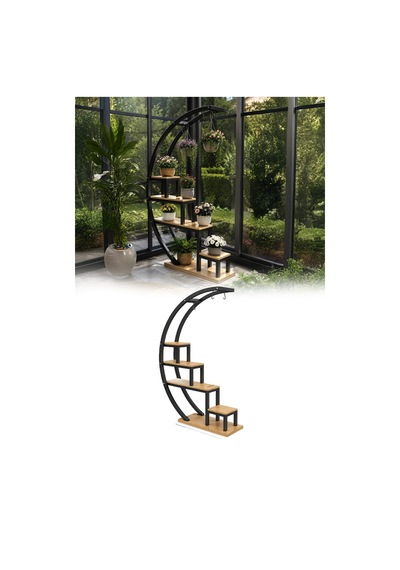 Büyük C Tipi Metal Ahşap Çiçeklik Çok Katlı Dekoratif Saksı Bitki Standı Raf