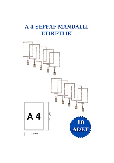 10 Adet Şeffaf A4 Mandallı Raf Sepet Etiketi Çerçeveli Etiketlik Şeffaf