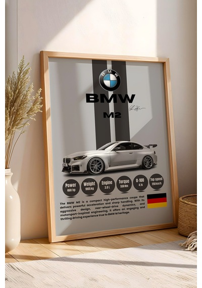 Bmw M2 Premium Spor Araba Çerçeveli Tablo - Teknik Özellikli Otomobil Sever Duvar Dekoru Kayın