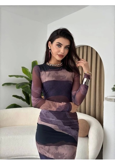 Defymoda Pella Tül Elbise Mürdüm