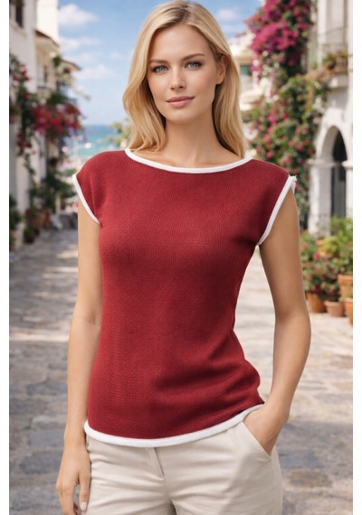 Aqefashion Kadın Kayık Yaka Sosis Yaka Yarasa Kol Beyaz Detaylı Modern Basic Özel Tasarım Bordo Triko Bluz