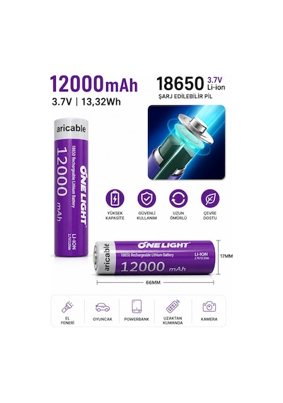 18650 Şarjlı Li-ion Pil 3.7v 12000mah Yazılı 39 Gram Güçlü Batarya 10 Adet
