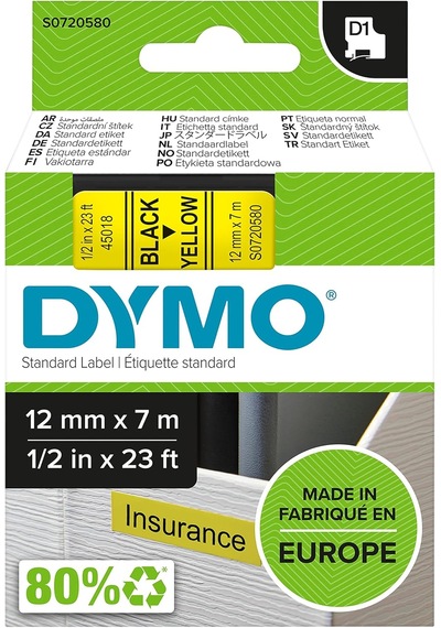Dymo S0720580, D1 Yedek Şerit 12 Mm X 7 Mt , Sarı/siyah 45018