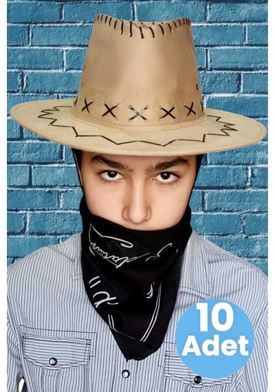 Uniquetrenders Çocuk Unisex Bandanalı 10'lu Nubuk Kovboy Şapkası 8-14 Yaş Koyu Bej 6