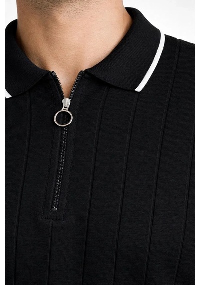 Erkek Yazlık Dokuma Triko Tişört Fermuarlı Polo Yaka Kısa Kol T-shirt - Siyah