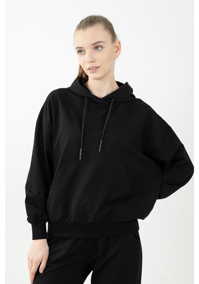 Maraton Sportswear Oversize Kadın Kapşonlu Uzun Kol Basic Siyah-siyah Sweatshirt 22149-siyah-siyah