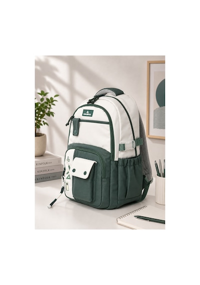 Unisex Ortaokul Lise Okul Sırt Çantası Çok Gözlü 16 İnç Laptop Bölmeli Soft Kumaş Yeşil-haki