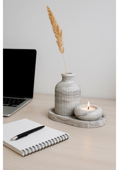 Seramik Vazo, Tealight Mumluk Ve Dekoratif Tepsi Seti - Beyaz Minimal Tasarım 29894909