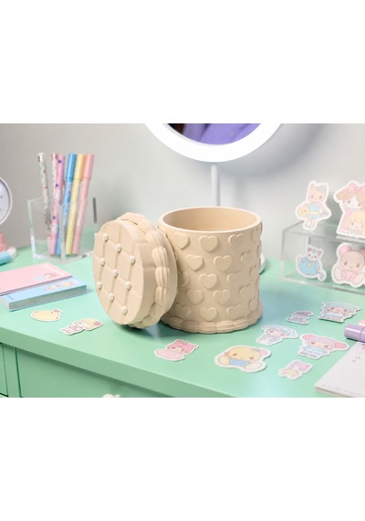 3d Baskı Kabartma Kalp Desenli Kapaklı Kalemlik - Masaüstü Organizer - Bej Çok Renkli