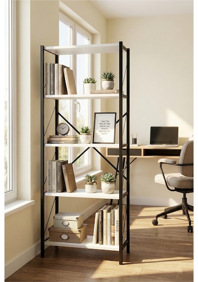 H-a Craft Metal Ayaklı 5 Raflı Kitaplık 150x60x24 Cm Ofis/ev Rafı Beyaz