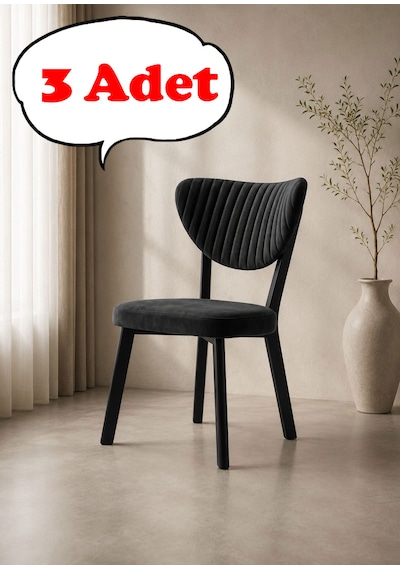 Teknor 3 Adet Elma Sandalye Modern Kadife Kapitone Sırtlı Mutfak Yemek Odası Balkon Kafe Sandalyesi 85 Cm Siyah
