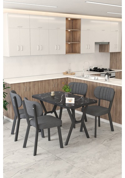 Gnr 70x110cm Sabit Siyah Mutfak Masası Takımı, Yemek Masası, 4 Modern Antrasit Sandalye Antrasit