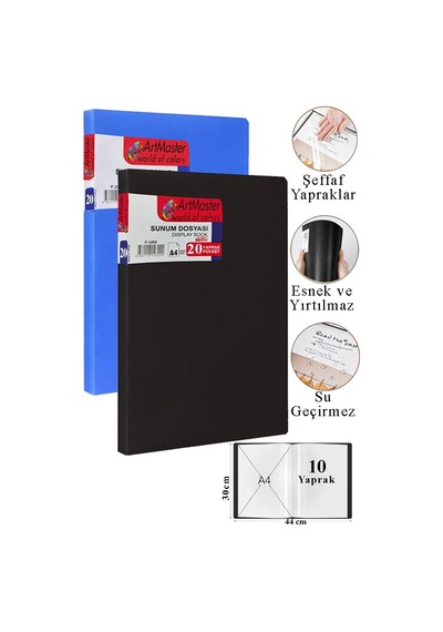 Siyah Mavi Sunum Dosyası 20 Li 2 Adet Poşet Dosyalı Katalog Dosyası 20 Poşetli Kendinden Dosya Plastik Kapaklı