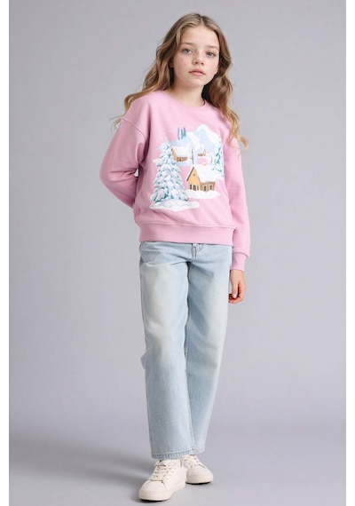 Defacto Relax Fit Bisiklet Yaka Baskılı Sweatshirt Kız Çocuk E6843A825WN Pembe
