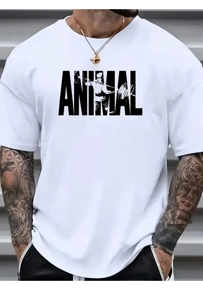 Erkek Anımal Baskılı Tişört Bisiklet Yakayazlık T-shirt - Beyaz Siyah