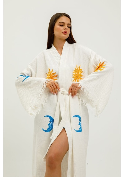Befera Müslin Kimono Pamuklu Ayın Evreleri Baskılı Desenli Bornoz Kaftan Sabahlık Beyaz
