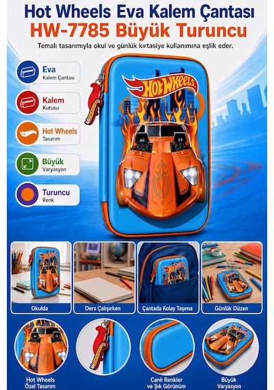 Hot Wheels Eva Kalem Çantası Hw-7785 Büyük Turuncu Kalem Kutusu Okul Kalemliği Kırtasiye Çantası Çok Renkli