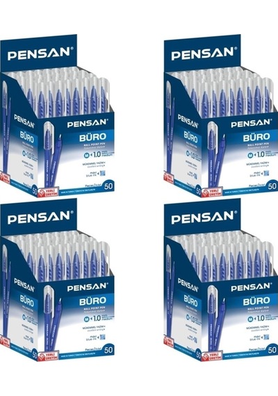 4 Paket Pensan Büro Mavi Tükenmez Kalem 50'li Toplam 200 Adet Çok Renkli