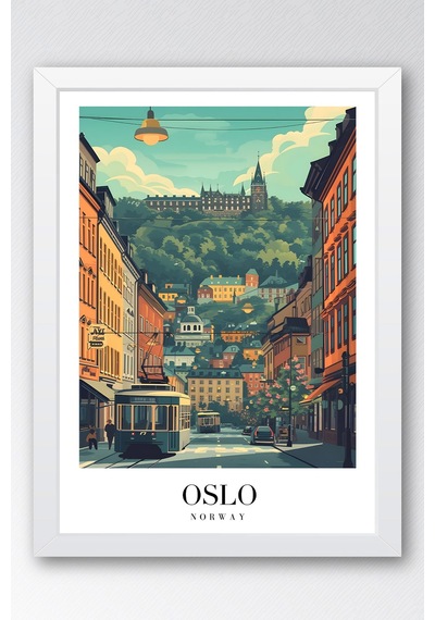 Oslo Norway Vintage Seyahat Posteri Çerçeveli Tablo - Premium İskandinav Şehir Elit Duvar Dekoru Beyaz