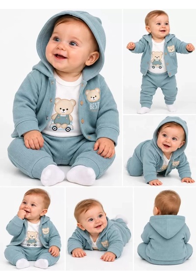 Veraura Lifestyle 0-12 Ay Ayıcık Nakışlı Kapşon Hırkalı Kısa Kol Bady Bebek Takımı Turkuaz