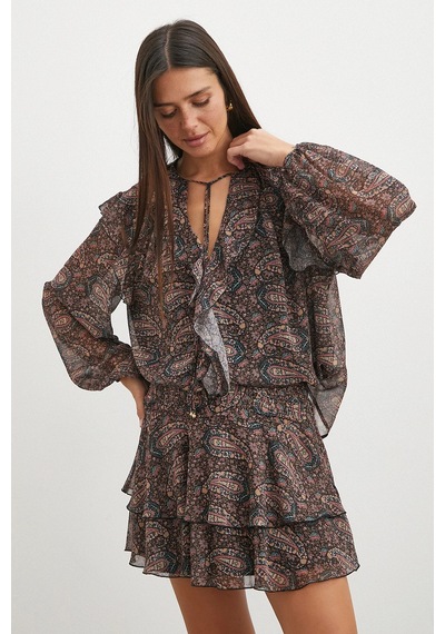 Uterpe Paisley Desenli Fırfırlı Gömlek Siyah
