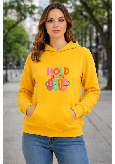Herkesemoda Hold Good Baskılı Kapüşonlu 2 İplik Şardonlu Sweatshirt Sarı