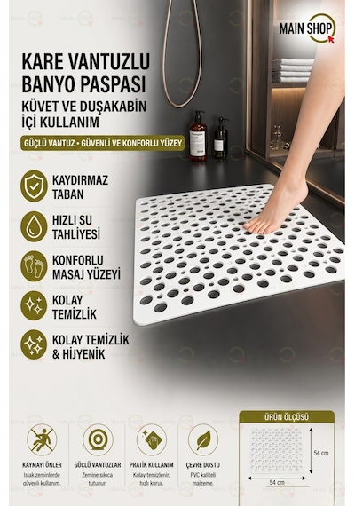 Mainshop Kare Bubble Banyo Ve Duş Paspası - 54 X 54 Cm Beyaz Kaymaz Mat M-149