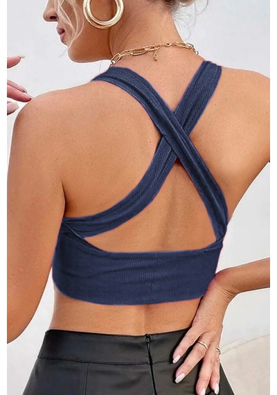 Terapi Men Kadın İndigo Çapraz Sırt Detaylı Crop Top Bluz Indigo