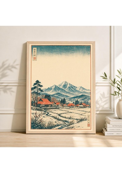 Japon Manzara Posteri Turkuaz Çöl Sahnesi İllüstrasyonu Vintage Ahşap Baskı Tarzı Sanat Eseri