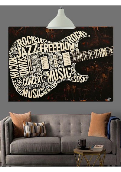 Gitar Şekilli Müzik Yazıları Dekoratif Kanvas - Mdf Ahşap Tablo