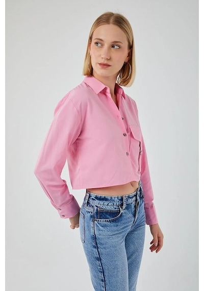 Mixray 4444 Kadın Apoletli Crop Gömlek Şeker Pembe