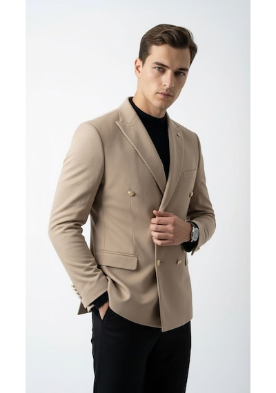 Plus Scorpion Erkek Kruvaze Blazer Ceket Slim Fit Premium Dokulu Şık Klasik Ceket Bej