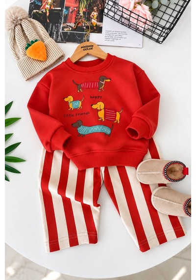 Minigimin Cicileri Sevimli Köpek Baskılı Sweatshirt Çizgili Bol Paça Kız Çocuk 2 Li Takım - Kırmızı Diğer